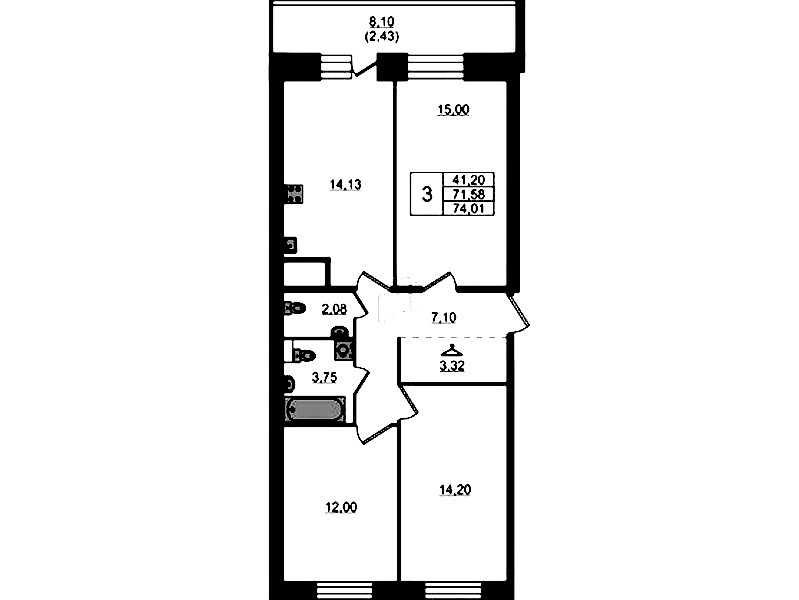3-комнатная квартира 74.01 м², 19/23 эт., ЖК «Живи! В Рыбацком»